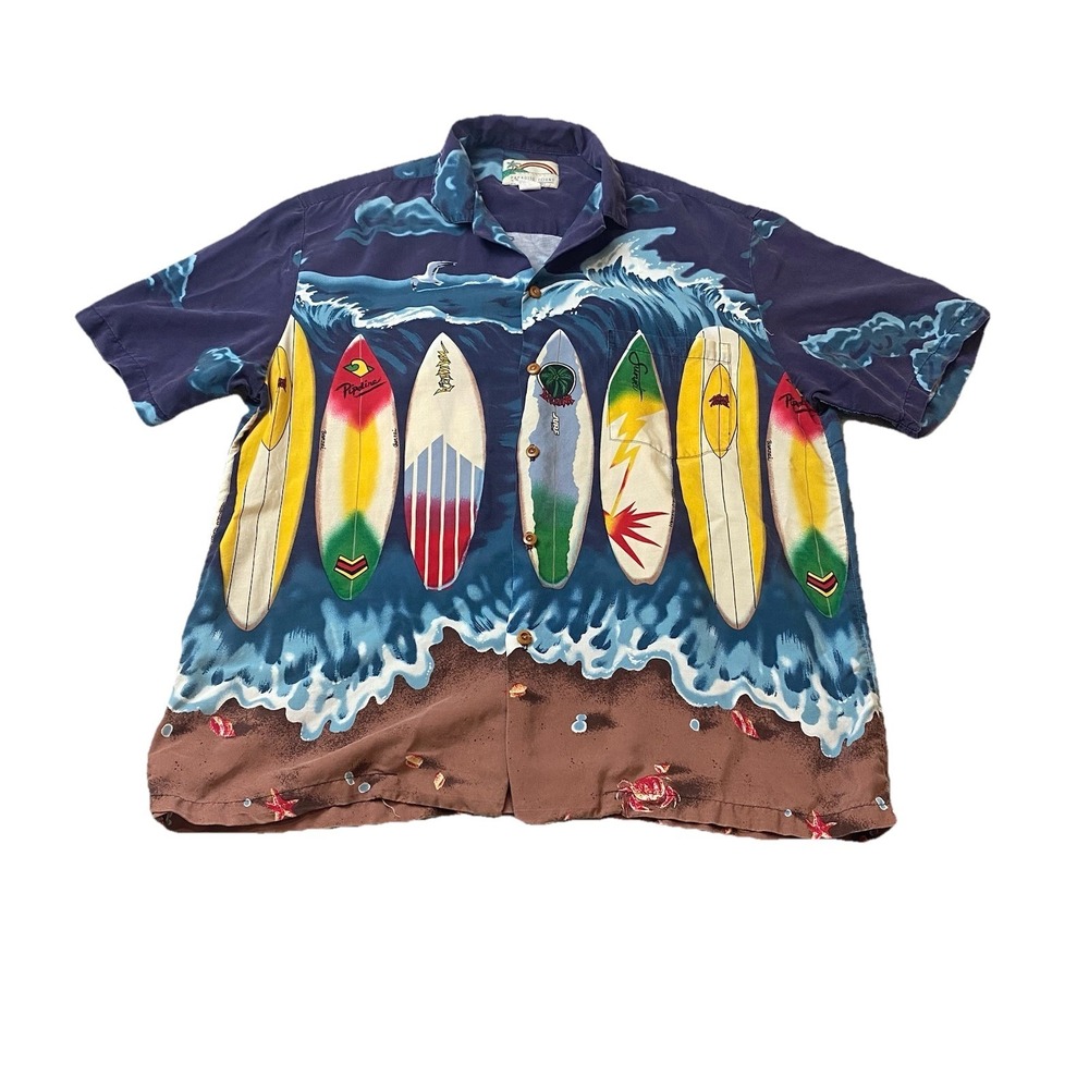 VTG Paradise Found Shirt Men L Short Sleeve AOP Rayon Surf Boards Beach EUC